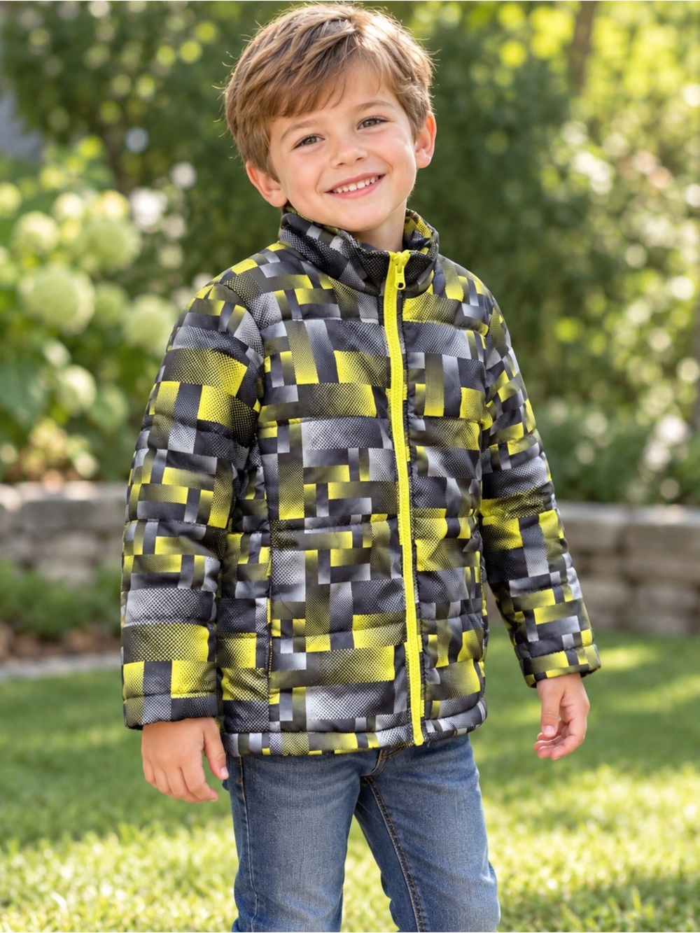 Black Grey Yellow Geometric Puffer Jacket Kids Size 5
